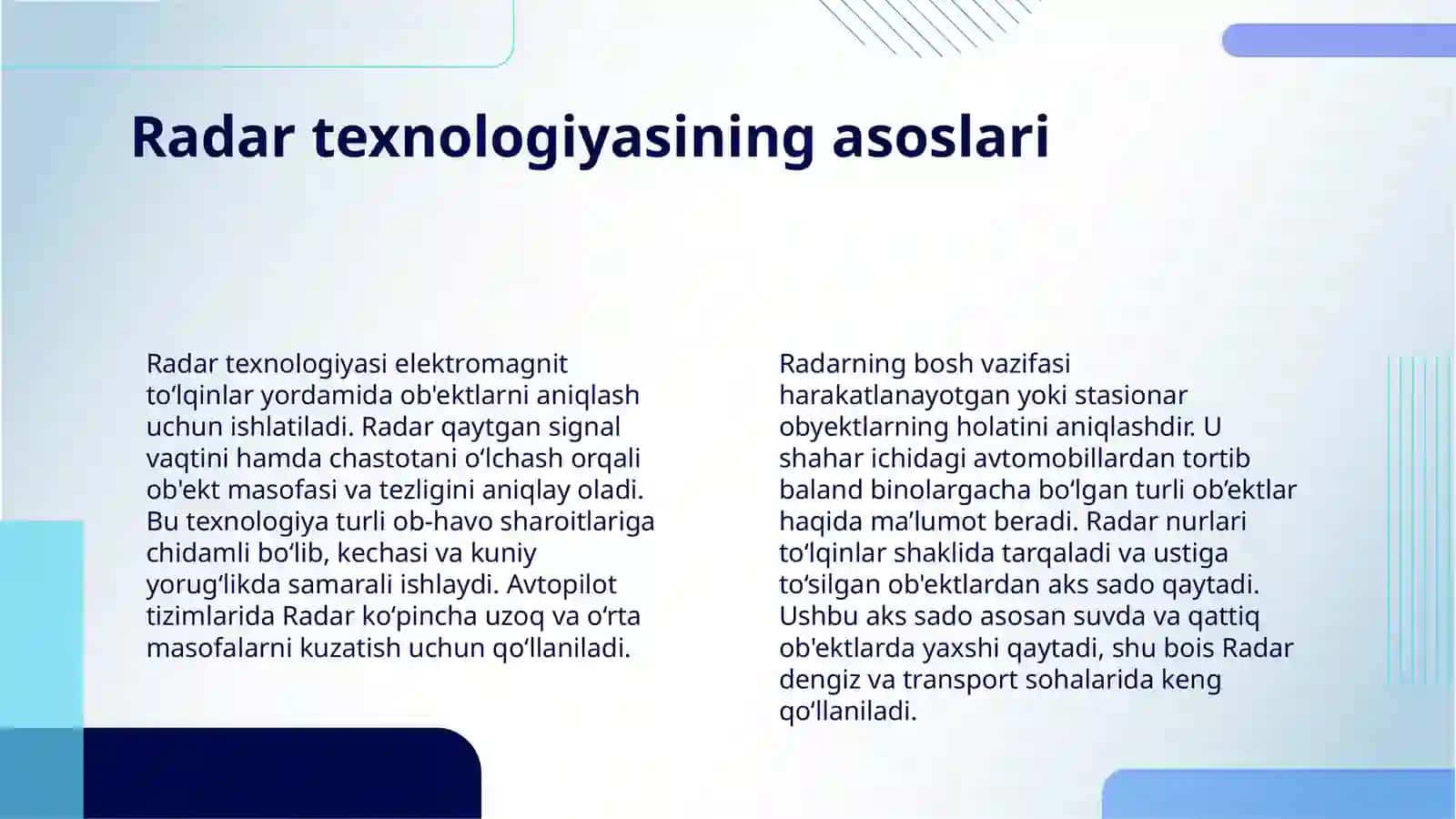 LIDAR VA RADARLAR: HAYDOVCHISIZ (AVTOPILOT) BOSHQARUV TIZIMLARI ASOSLARI 4