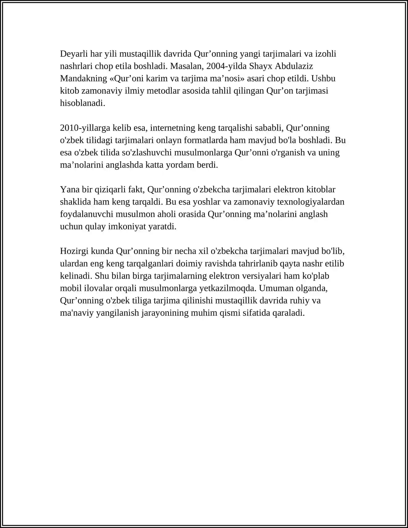 MUSTAQILLIK YILLARIDA QURʼONNING OʻZBEK TILIGA TARJIMA QILINISHI VA TAFSIRLARI HAQIDA 4