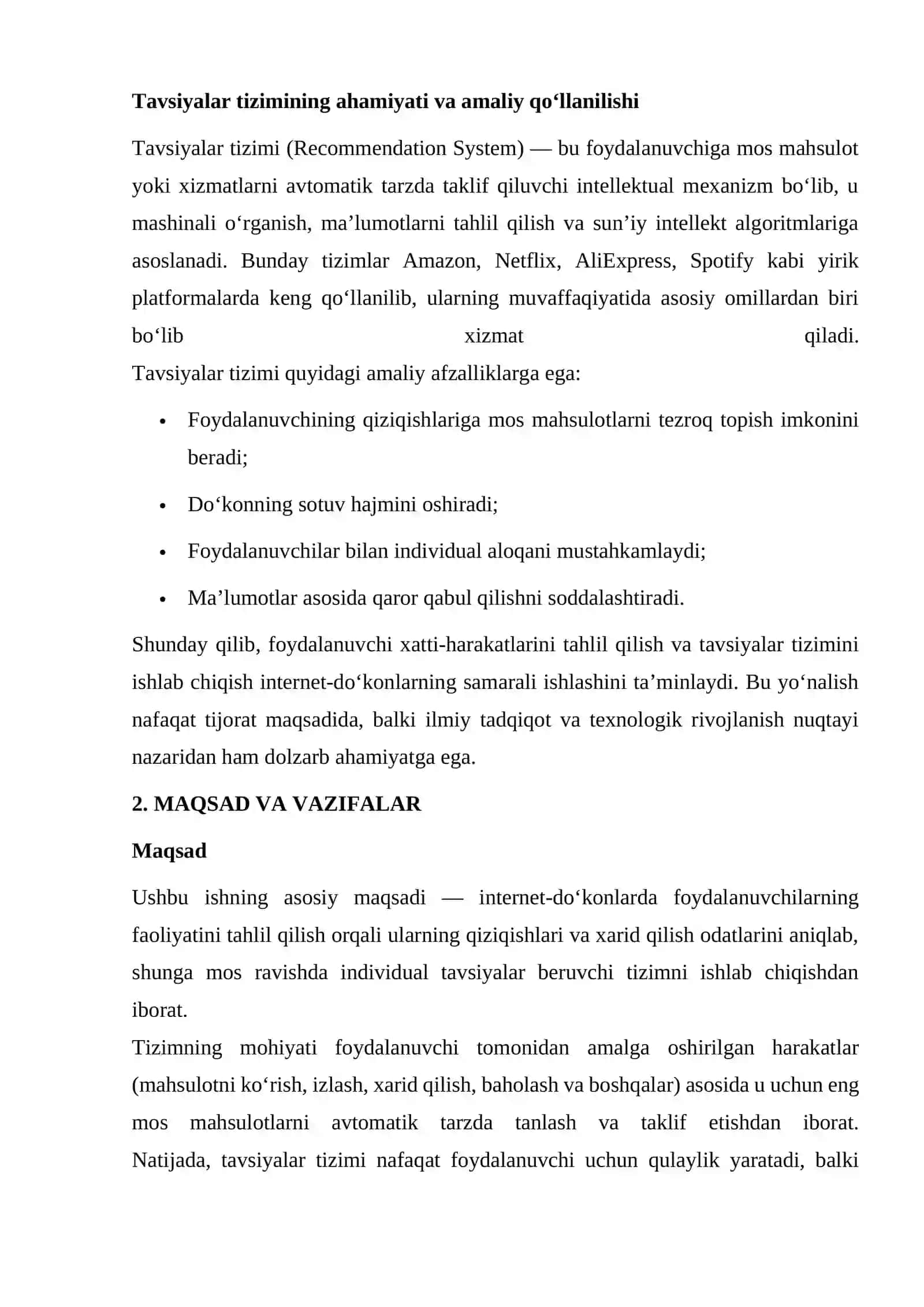 Internet-do‘konda foydalanuvchi xatti-harakatlarini tahlil qilish asosida tavsiyalar tizimini ishlab chiqish Fotosuratlarda ob’ektlarni tanib olish uchun tasvimi qayta ishlash usullarini qiyosiy tahlil qilish Kompyuter ko‘rish vazifalarida chuqur o‘rganish algoritmlarining samaradorligini o‘rganish Bank mijozlari to‘g‘risidagi ma’lumotlarni tahlil qilish: 4