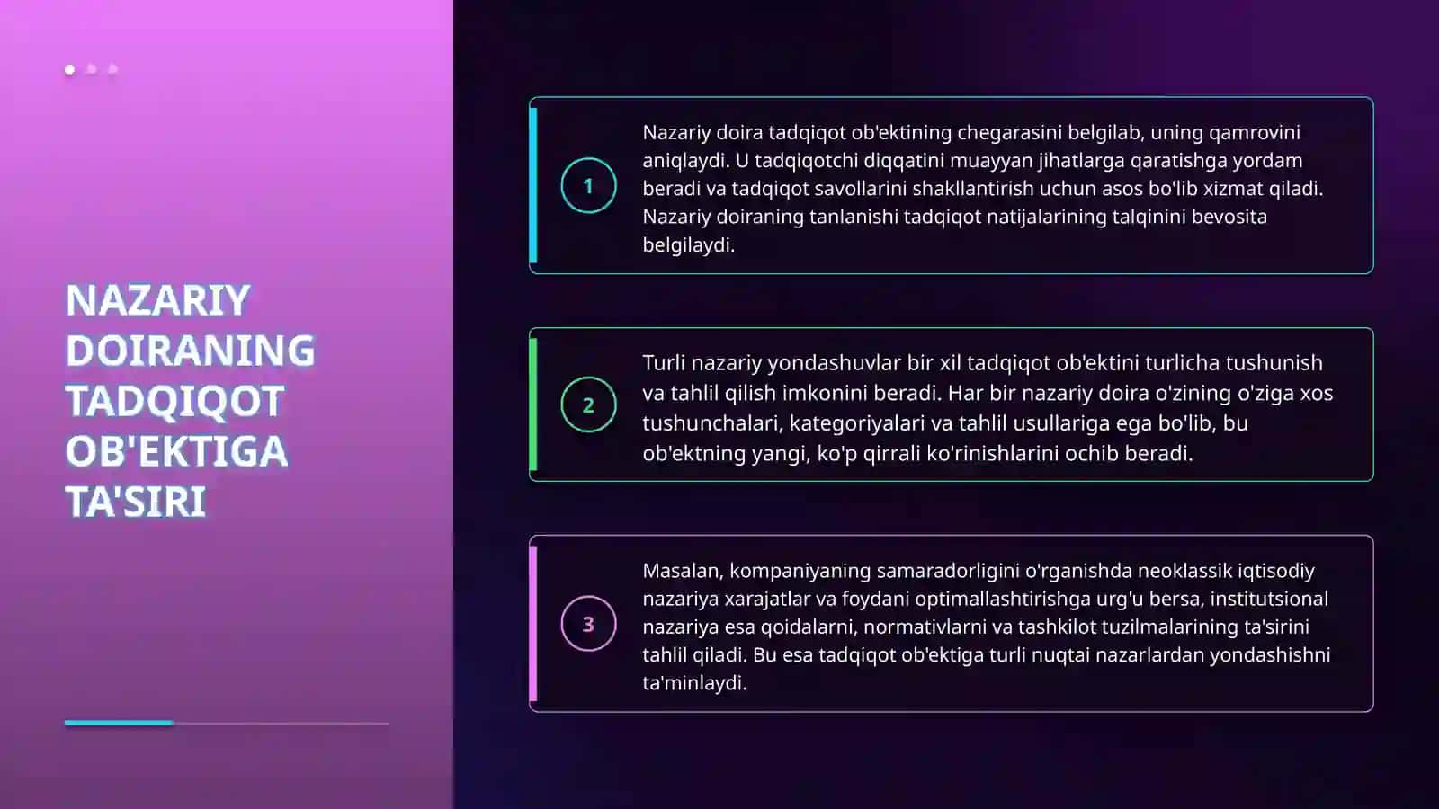 Tadqiqotning nazariy doirasi yoki konseptual modeli obyekt va predmetni aniqlashga qanday taʼsir koʻrsatadi 4