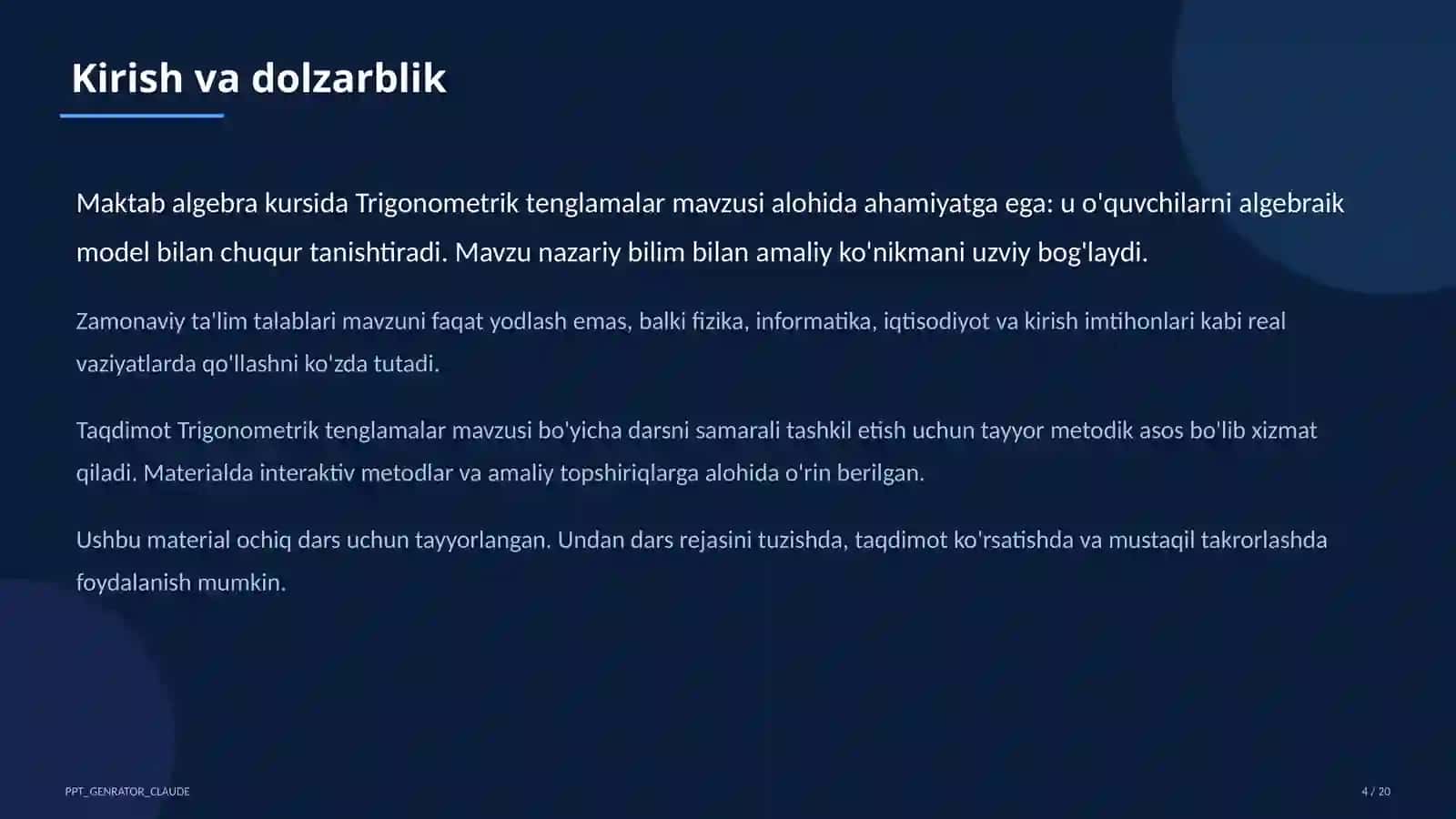 Trigonometrik tenglamalar (10-sinf) 4