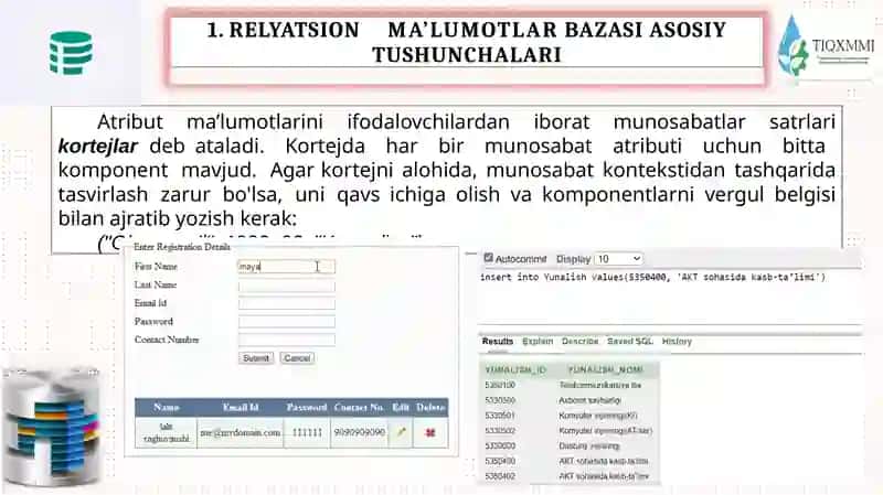 Relatsion model asoslari va asosiy tushunchalar (jadval, ustun, satr, kalitlar) 4