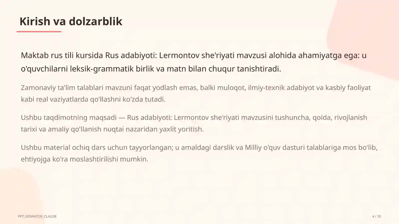 Rus adabiyoti: Lermontov she'riyati (9-sinf) 4