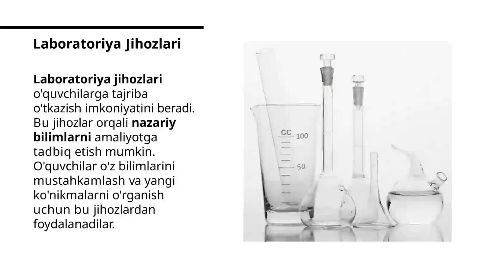 Labaratoriya jihozi isitish, oʼlchov, optik asboblar Koʼrgazmali qurollar , ularni turlari va tabiiy fan darslarini loyihalash usullarini oʼrgatish 4