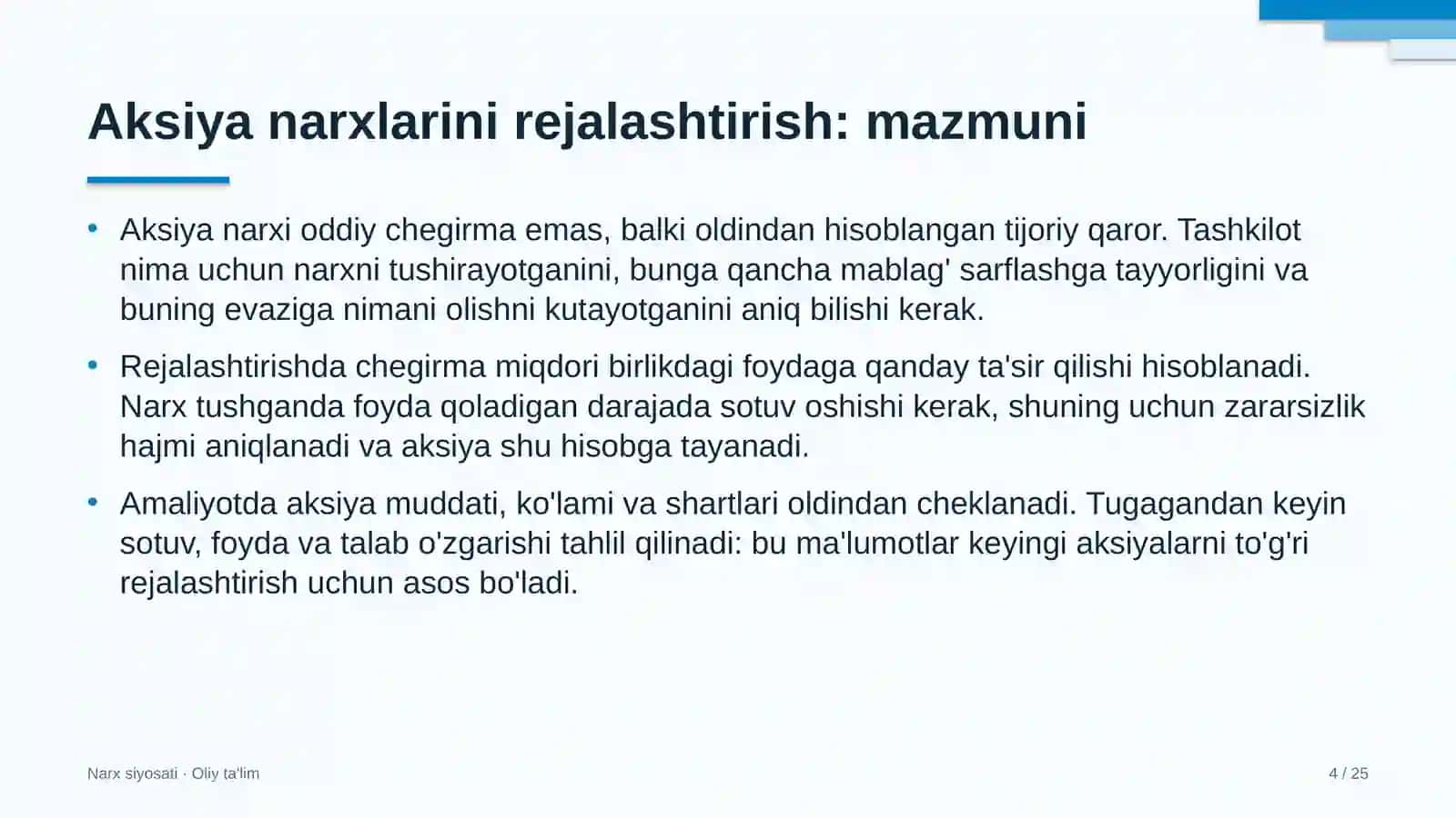 milliy terma jamoalarda aksiya narxlarini rejalashtirish 6496 4