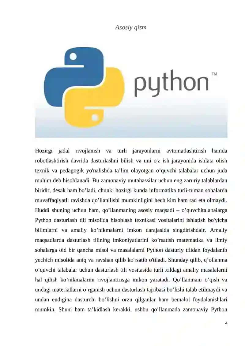 Python dasturlash tilida sodda masalalarni dasturlash 4