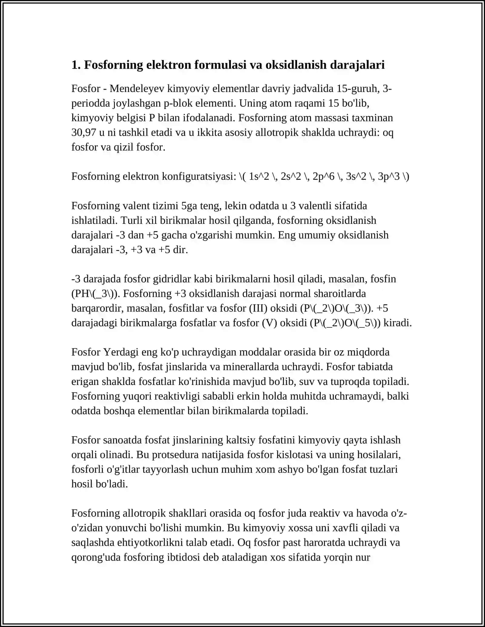 FOSFORNING LEKTRON FORMULASI, TABIATDA UCHRASHI, OLINISHI, ALLOTROPIYASI, FIZIK-KIMYOVIY XOSSALARI 4