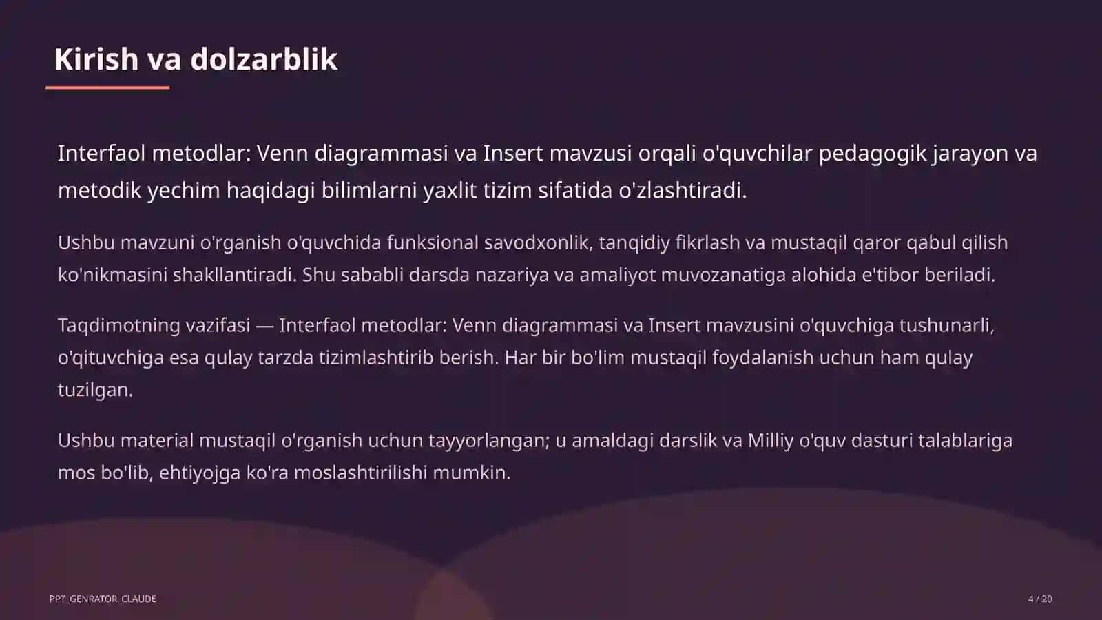 Interfaol metodlar: Venn diagrammasi va Insert 4