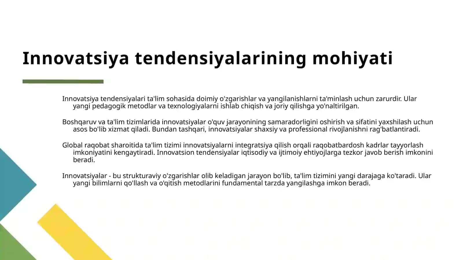 TA'LIMDA INNOVATSION JARAYONLAR TENDENSIYALARI VA QONUNLARI.TA'LIMDA MODERNIZATSIYA VA EKSPEREMENT.INNOVATSION FAOLIYATNI AMALGA OSHIRISH SHAKLLARI:INNOVATSION LOYIHALAR VA DASTURLAR 4