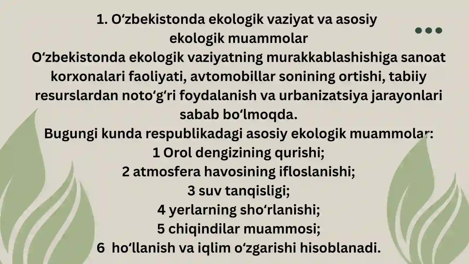 Oʻzbekistondagi ekologik muammolar va ularni bartaraf etish yoʻllari 4