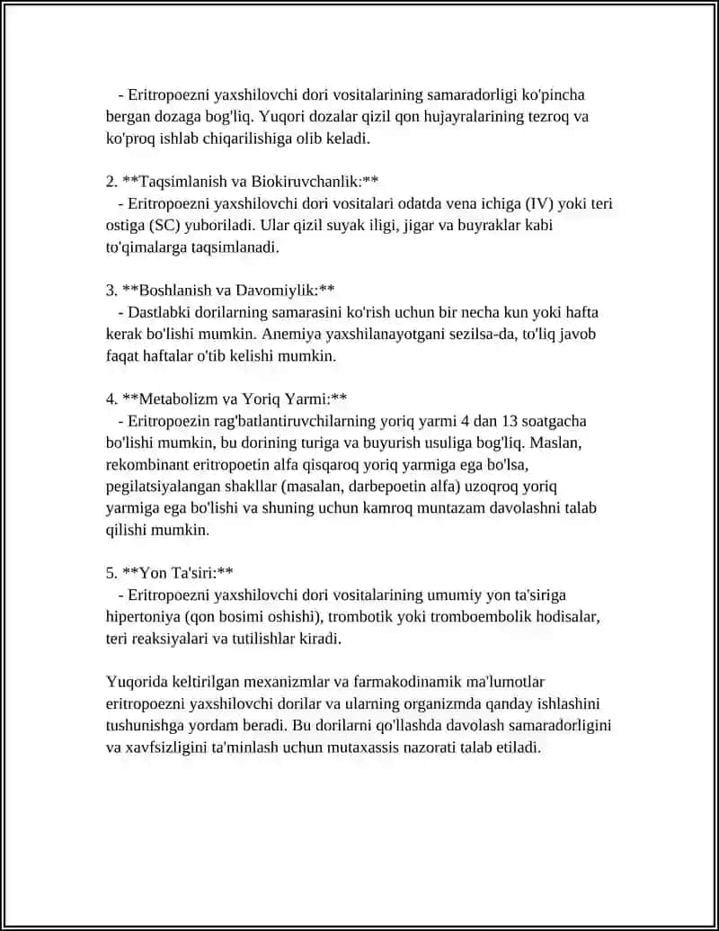 ERITROPOEZNI YAXSHILOVCHI DORI VOSITALARNING KLINIK FARMAKOLOGIYASI. ANEMIYANI DAVOLASHDA KLINIK FARMAKOLOGIK YONDASHISHI 4