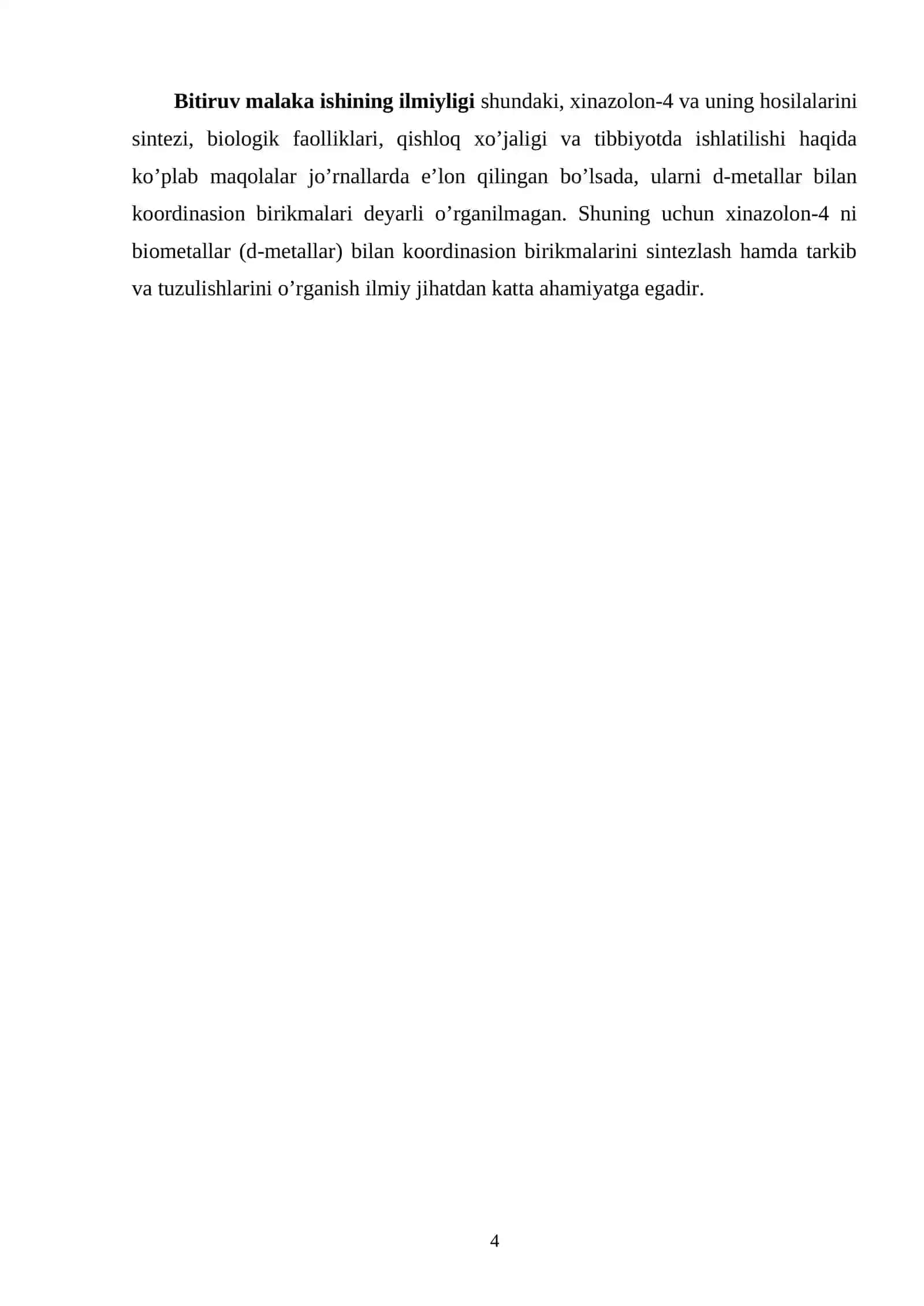 Xinazolon-4 va uning 2-aminohosilasini d-metallar bilan oddiy va aralash ligandli koordinasion birikmalari sintezi 4