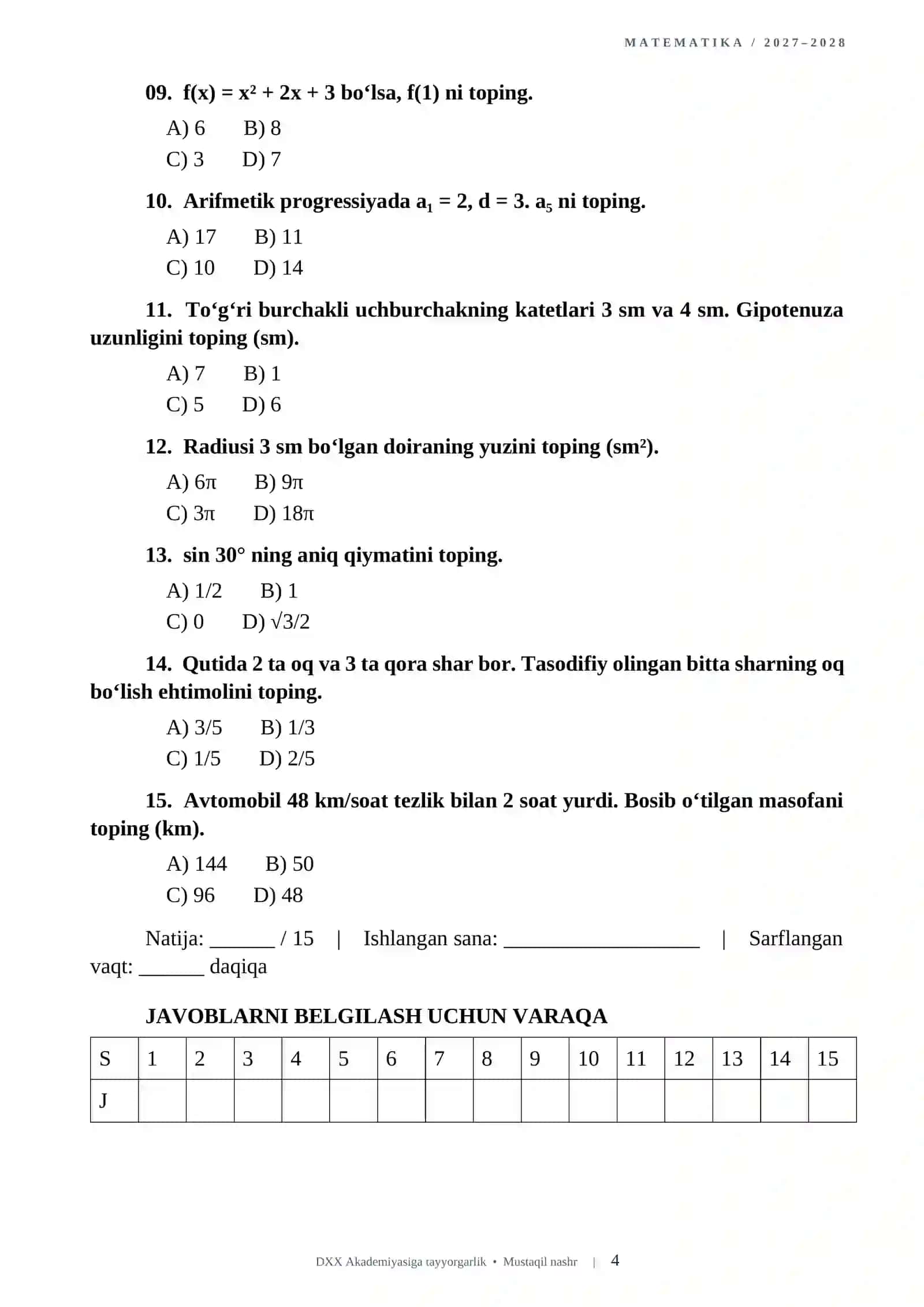 DXX AKADEMIYASIGA KIRISH UCHUN MATEMATIKA FANIDAN NAMUNAVIY TESTLAR 2026-2027 QABUL 4