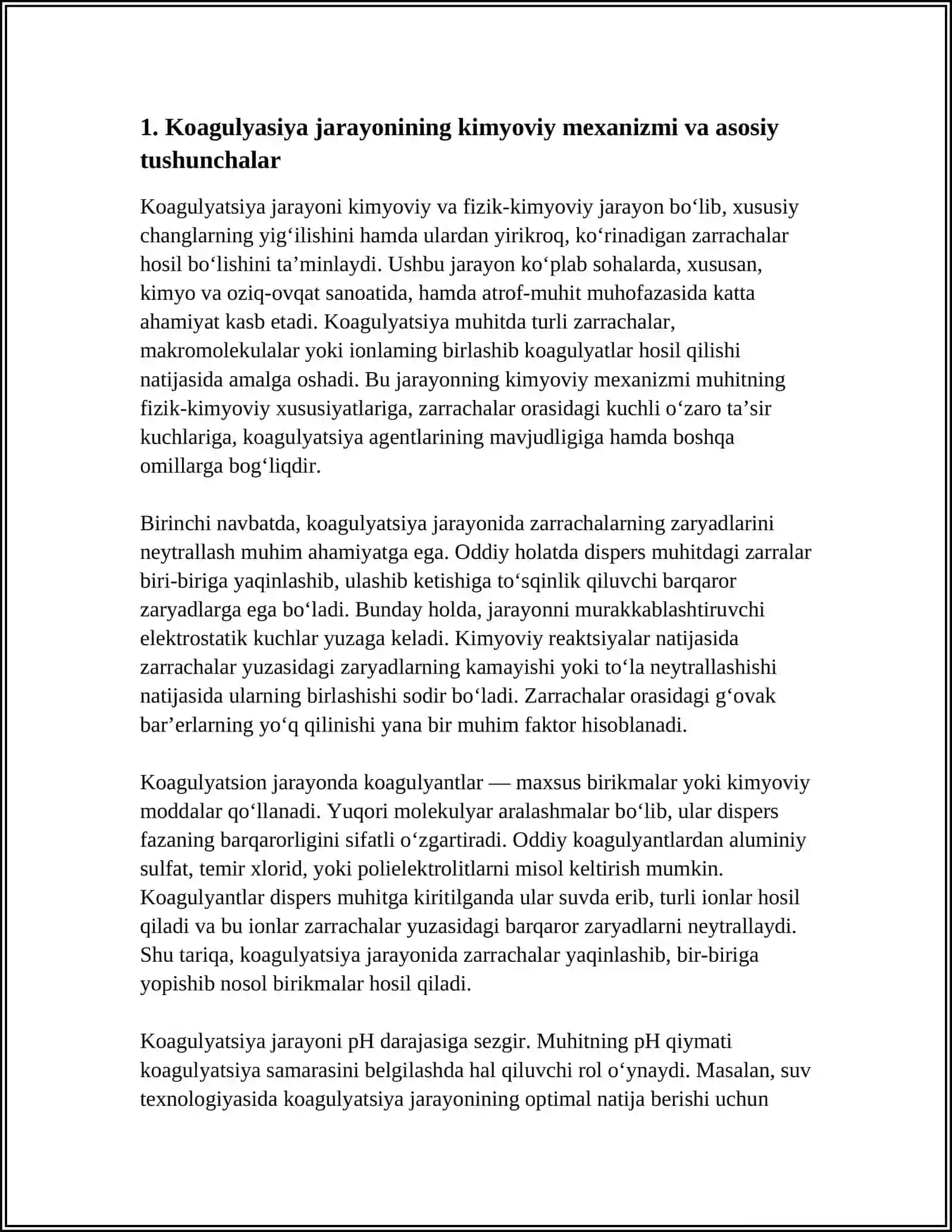 KOAGULYASIYA JARAYONINI KIMYO VA OZIQ-OVQAT SANOATLARIDAGI VA ATROF-MUHITNI MUHOFAZASIDAGI AHAMIYATI 4