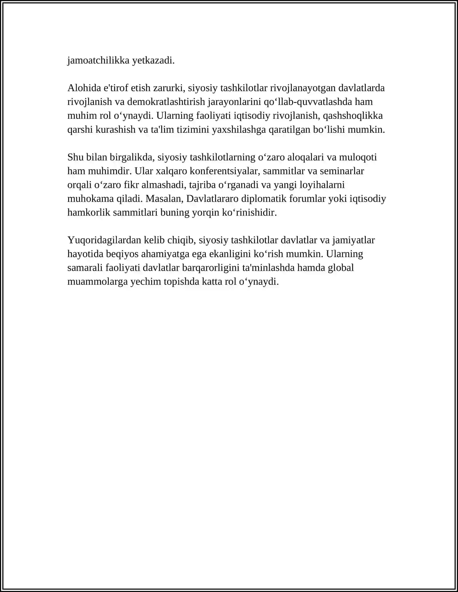 MUSTAQIL ISH Mavzu: SIYOSIY TASHKILOT TUSHUNCHASI VA UNING XUSUSIYATLARI 4