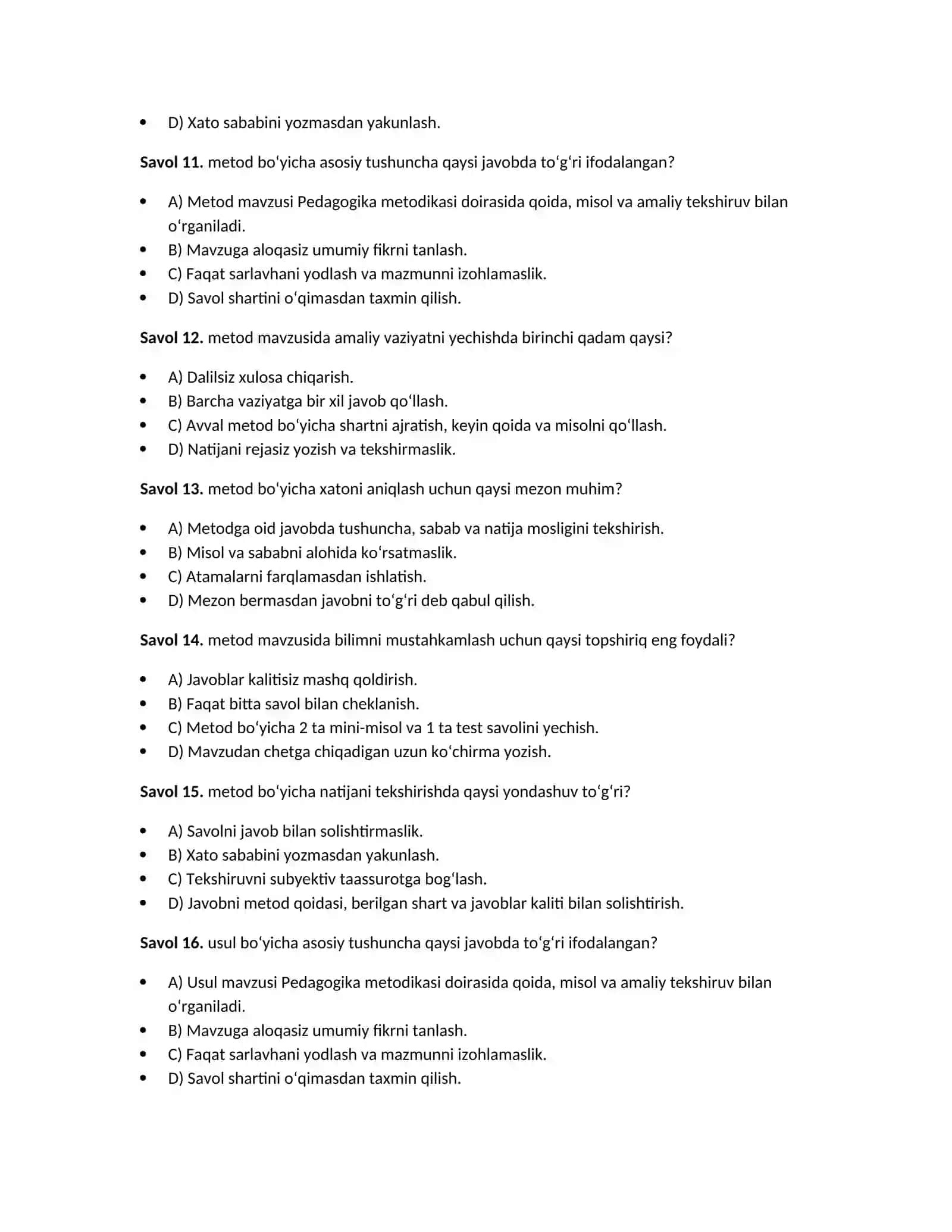 Pedagogika metodikasi — 100 test javoblari bilan 4