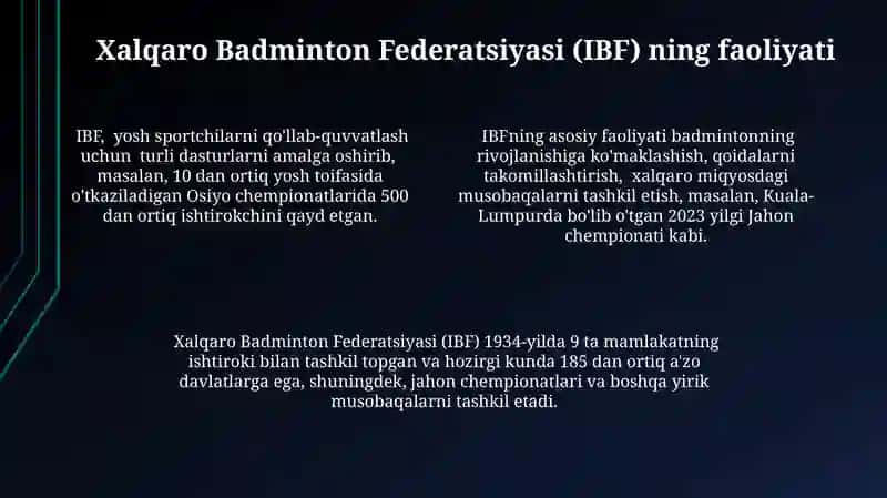 Badminton o'yinining kelib chiqishi va rivojlanish tarixi IHF tashkil topishi tuzilishi va faoliyati 4