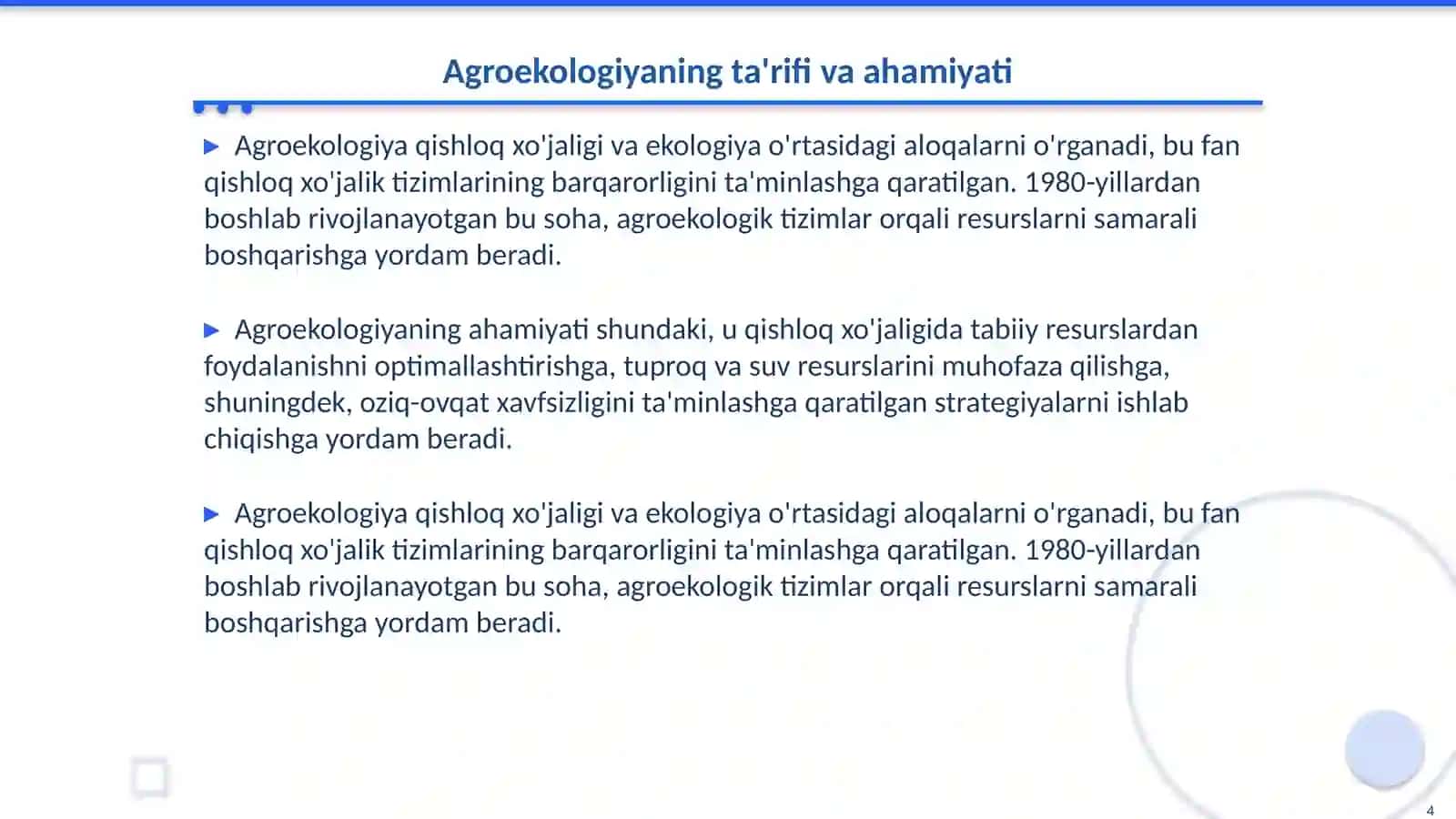 Tuproq ekologiyasi va agroekologiya fanining mazmuni predmeti va obyekti 4