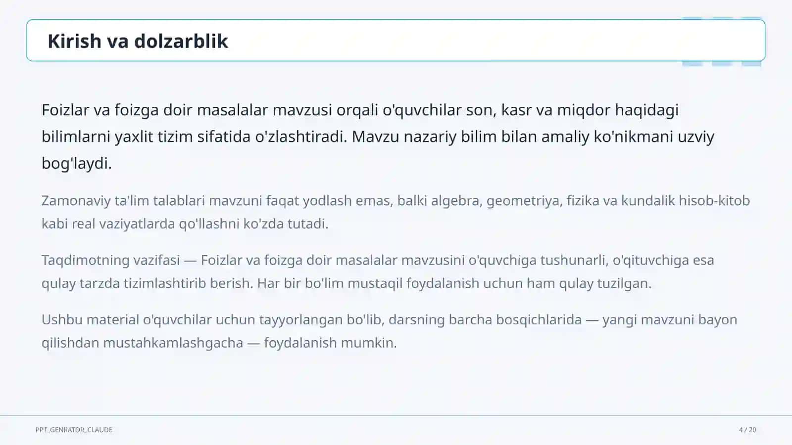 Foizlar va foizga doir masalalar (5-sinf) 4