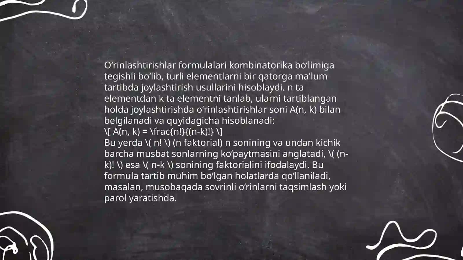 Kombinatorika masalalari. Oʻrinlashtirishlar. Takrorli va takrorsiz guruhlash 4