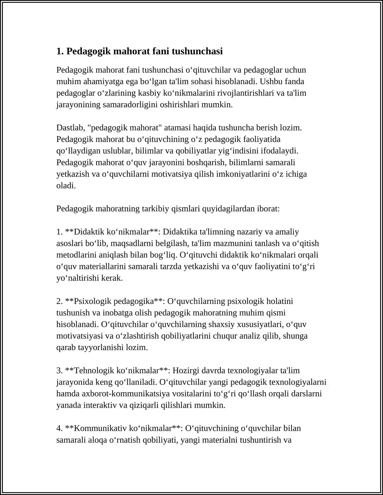 PEDAGOGIK MAHORAT FANI HAQIDA TUSHUNCHA. FANNING ASOSIY VAZIFALARI VA TARKIBIY QISMLARI 4