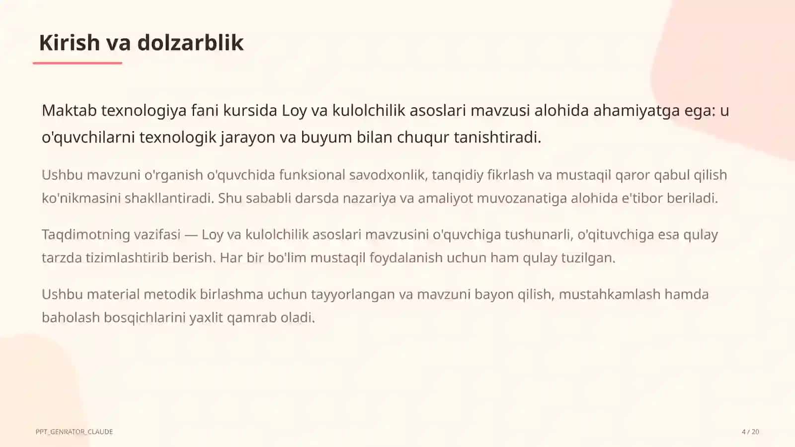 Loy va kulolchilik asoslari (4-sinf) 4