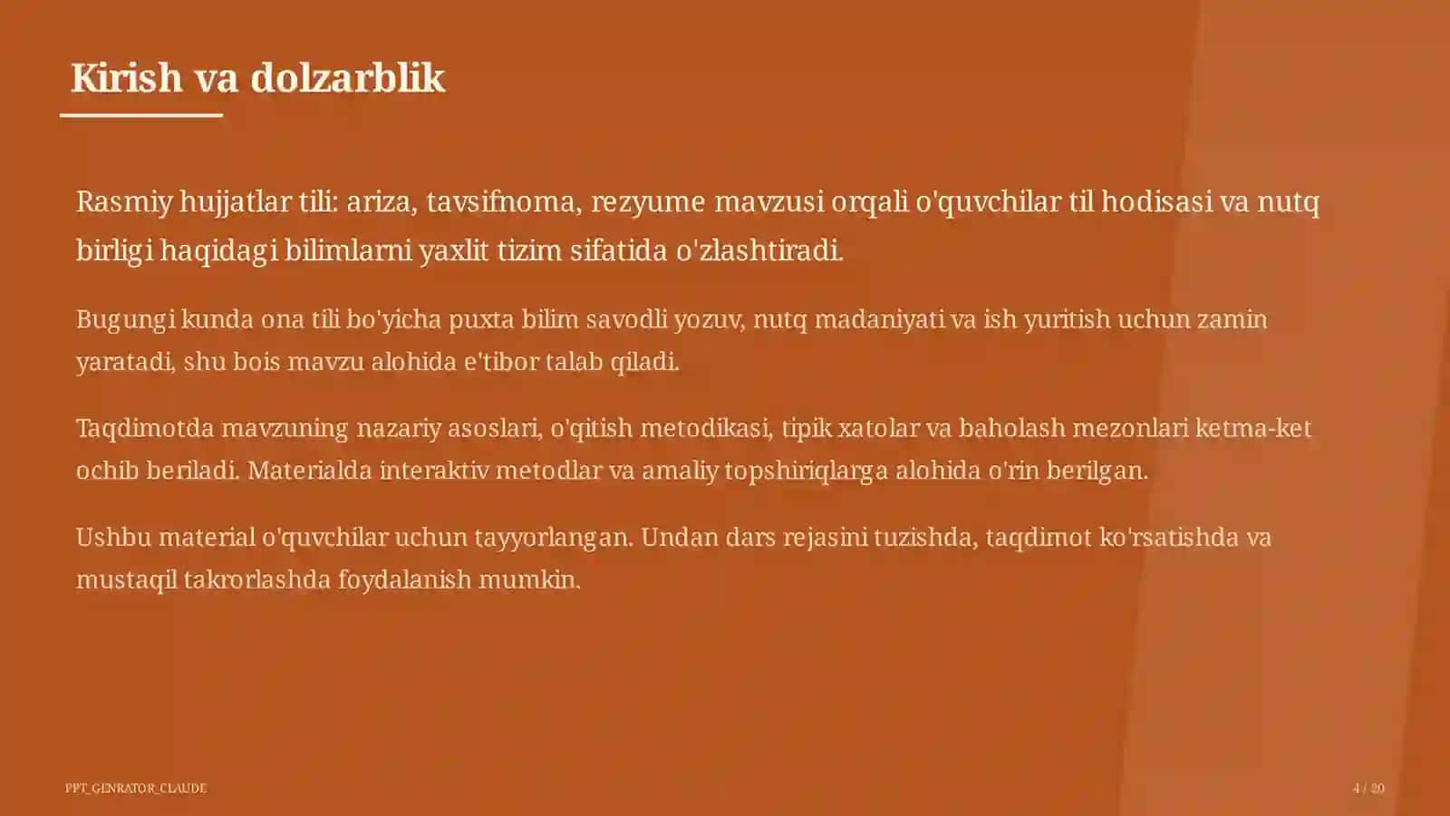 Rasmiy hujjatlar tili: ariza, tavsifnoma, rezyume (11-sinf) 4