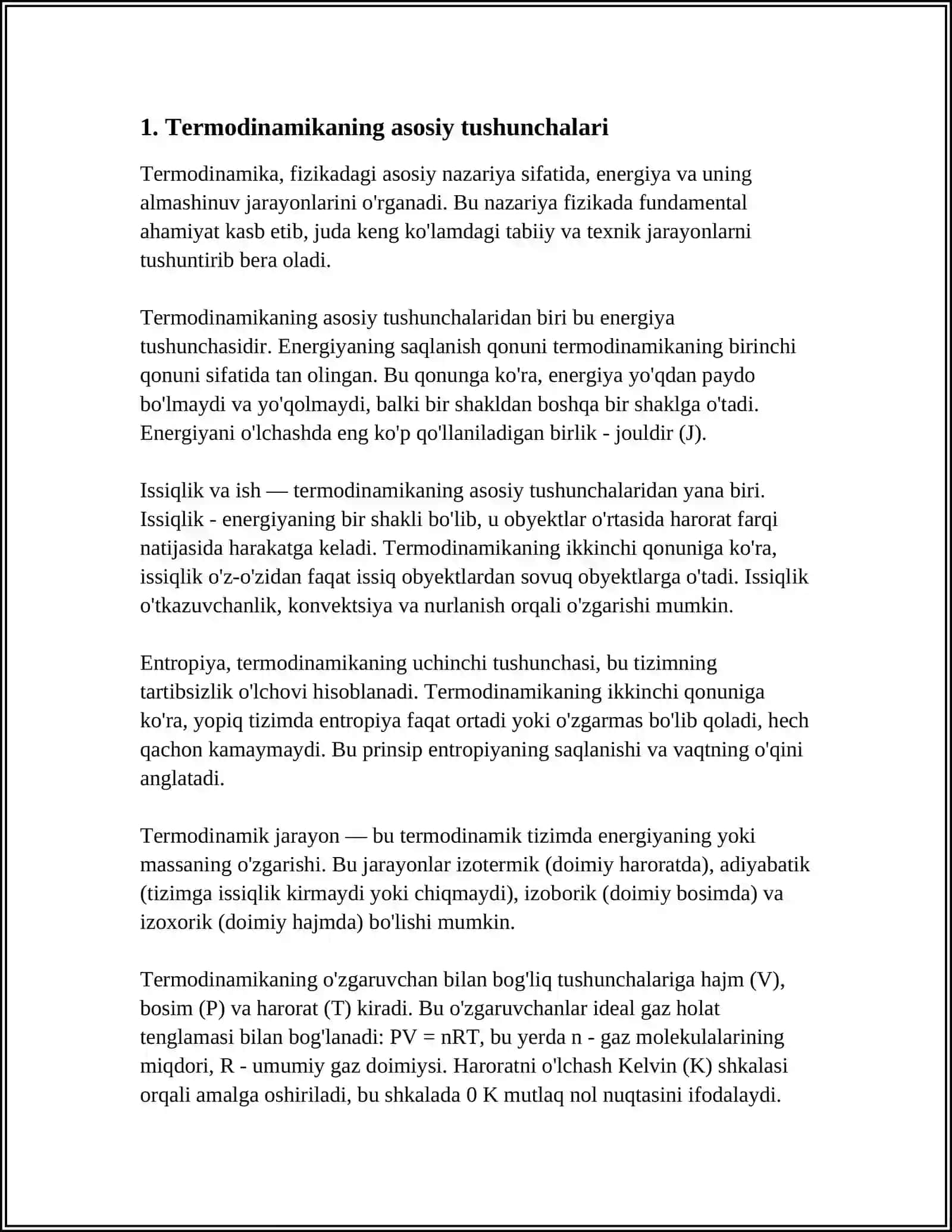 TERMODINAMIKA. TERMODINAMIKANING BIRINCHI QONUNI. REAL GAZLAR. SUYUQLIKLAR. ICHKI ENERGIYA. TERMODINAMIK ISH 4