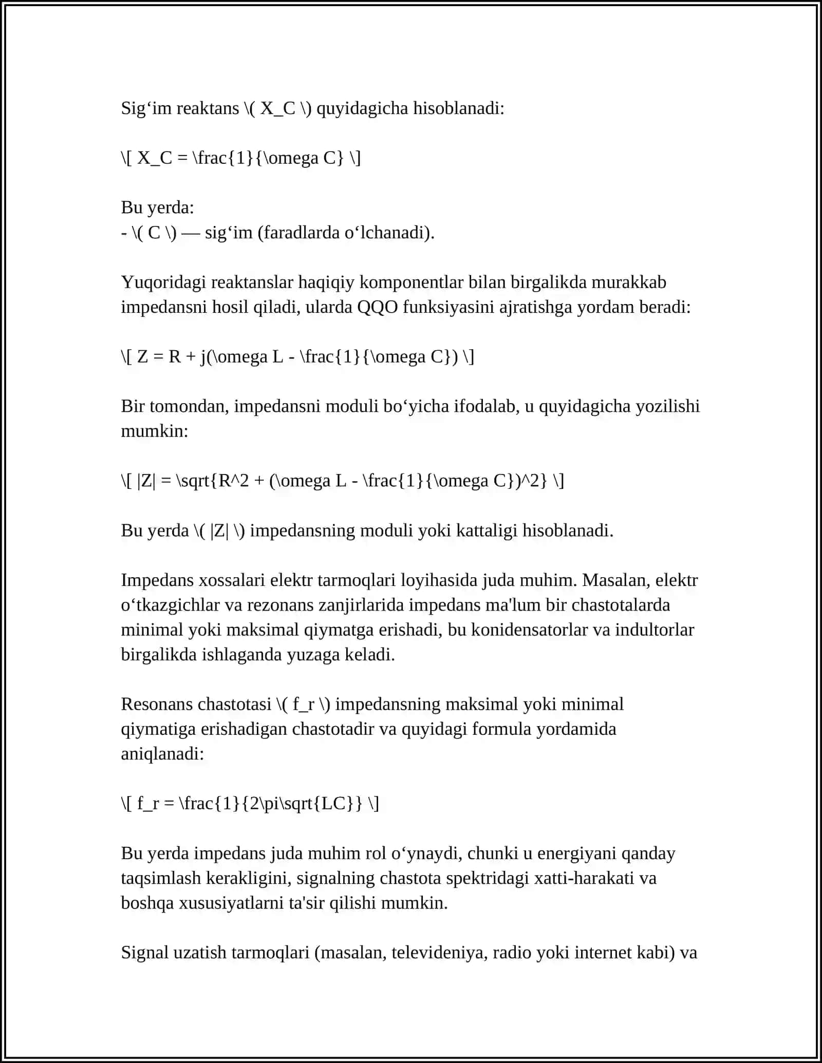 Mavzu: IMPEDANS VA TOʻLIQ ELEKTR OʻTKAZUVCHANLIK 4