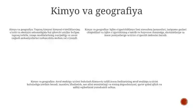 Kimyo Fanining Boshqa (Biologiya, Ekologiya, Geografiya Va H.K.) Fanlar Bilan Bogliqligi 4