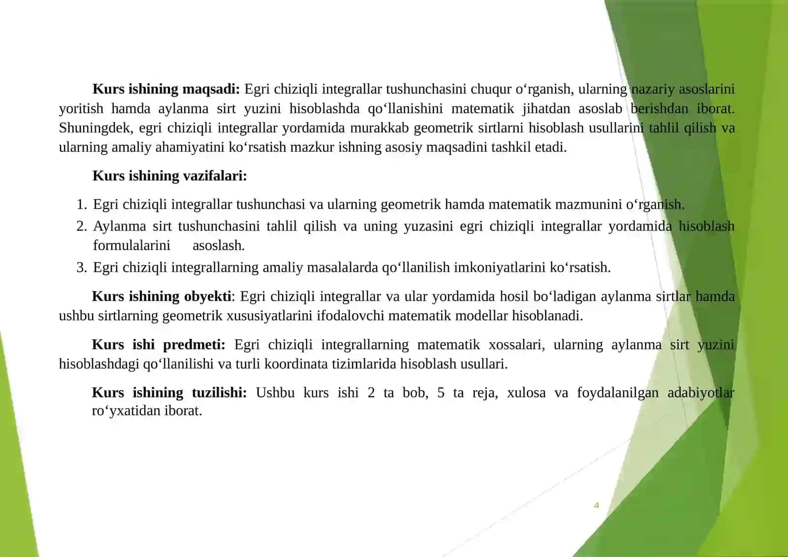 "EGRI CHIZIQLI INTEGRALLARNING AYLANMA SIRT YUZINI HISOBLASHGA QO‘LLANILISHI" KURS ISHI 4