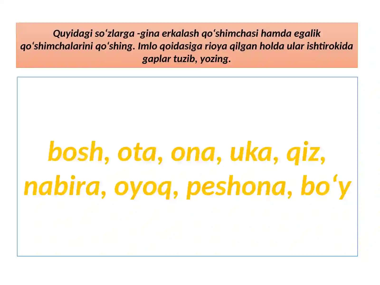 Otlarning lugʻaviy shakllari, ularning qoʻllanishi, imlosiga oid mashq va topshiriqlar 4