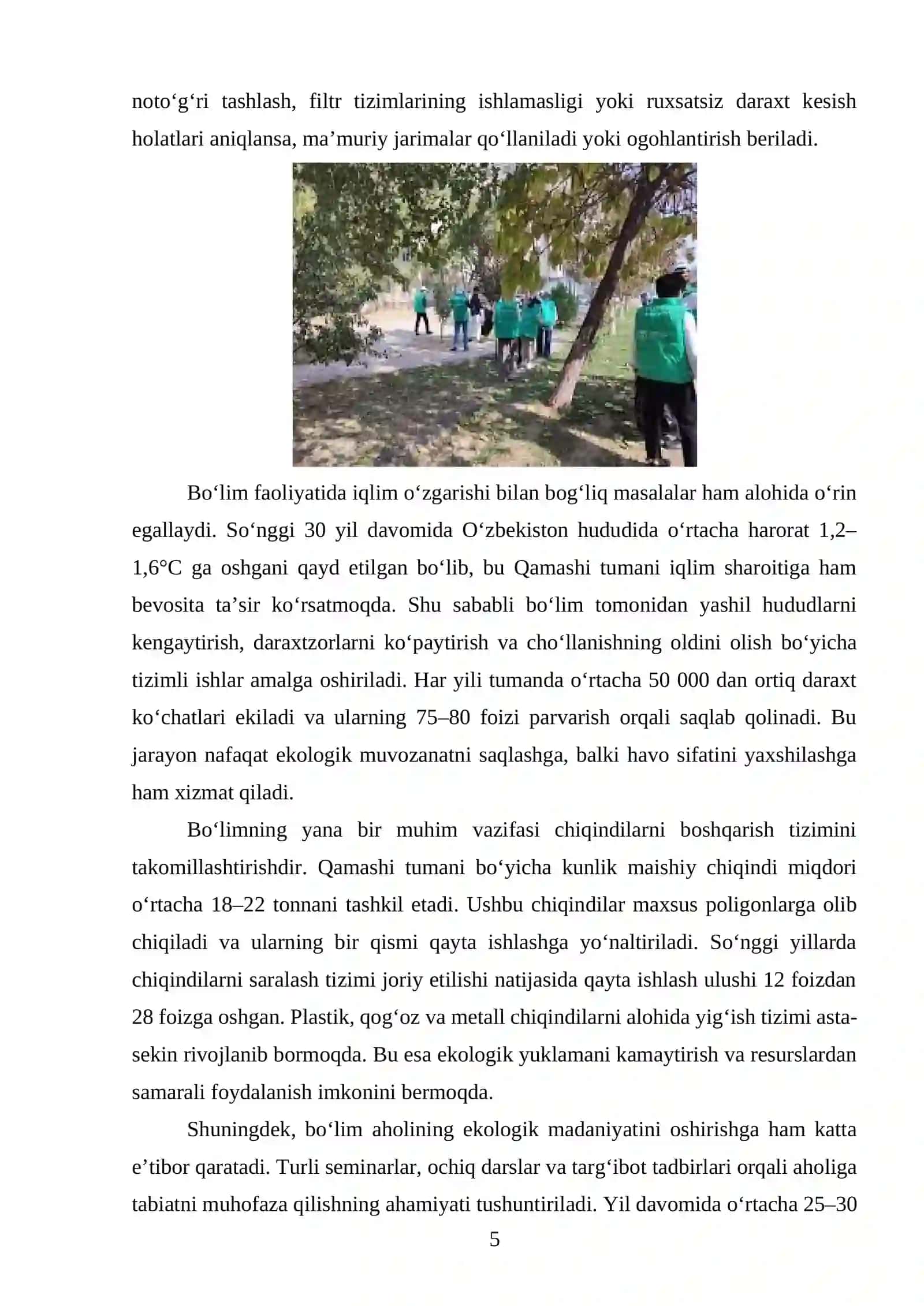 Qamashi tumani Ekologiya va iqlim oʻzgarishi boʻlimi amaliyot hisoboti 4