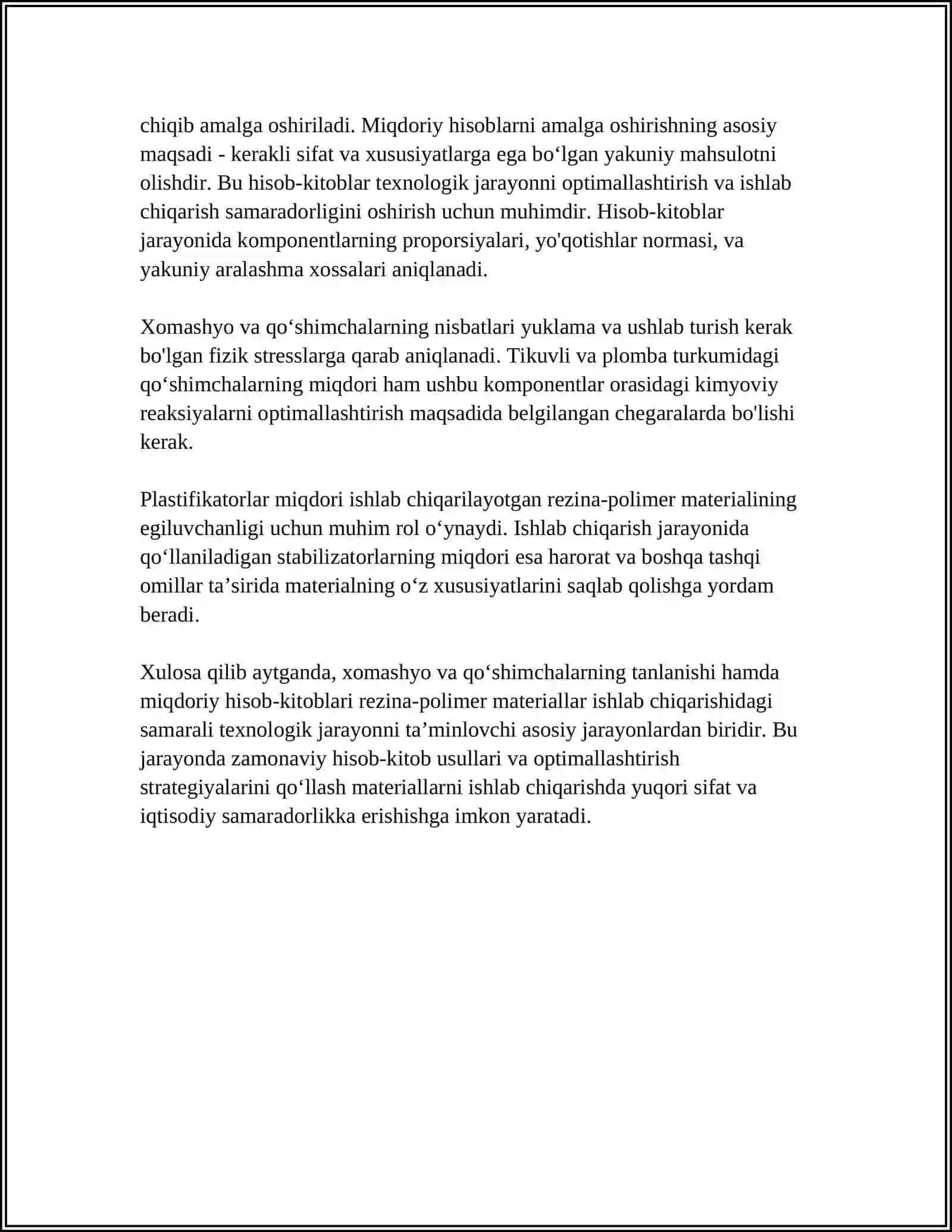 REZINA-POLIMER MATERIALLAR ISHLAB CHIQARISHNING TEXNOLOGIK BOSQICHLARI. TEXNOLOGIK JARAYON BO’YICHA HISOB-KITOBLAR 4