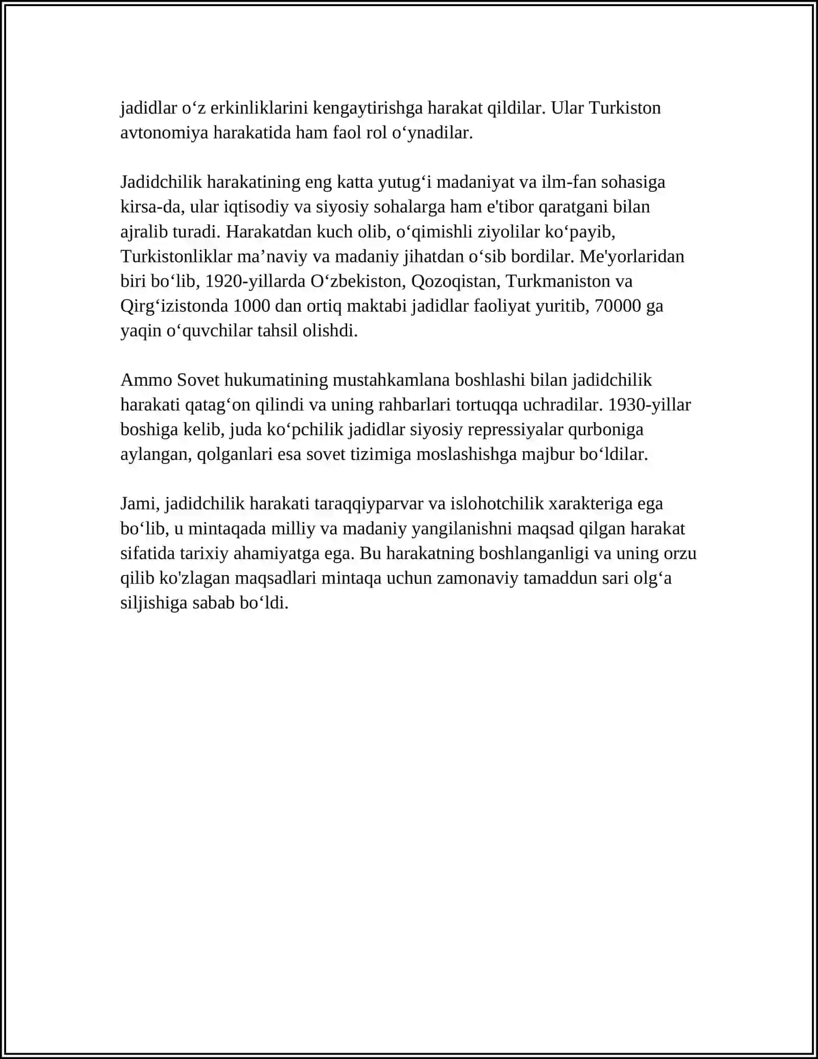 JADID MARIFATPARVARLARINING O'LKA IJTIMOIY-MA'NAVIY HAYOTIDA TUTGAN O'RNI( MUNAVVAR QORI, FITRAT, BEHBUDIY, AVLONIY VA BOSHQALAR) 4