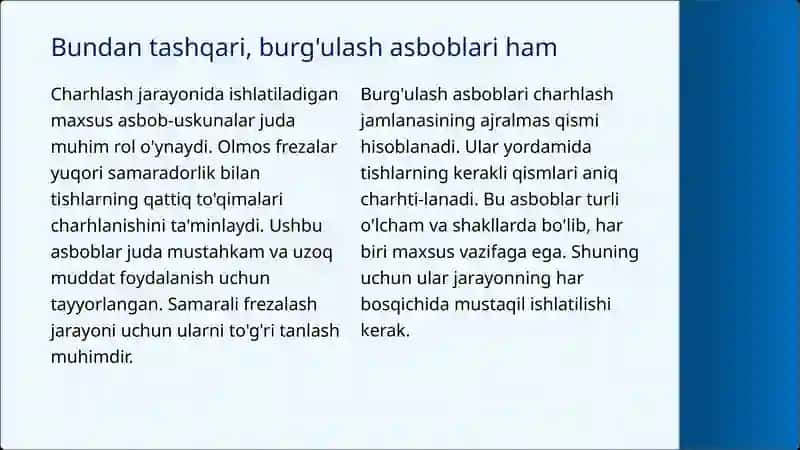 Tishlarning qattiq to‘qimalarini charхlash usuli (tехnikasi). Tishlarni charхlash paytida ishlatiladigan asboblar, olmos va boshqa charхlash vositalari to‘plami 4