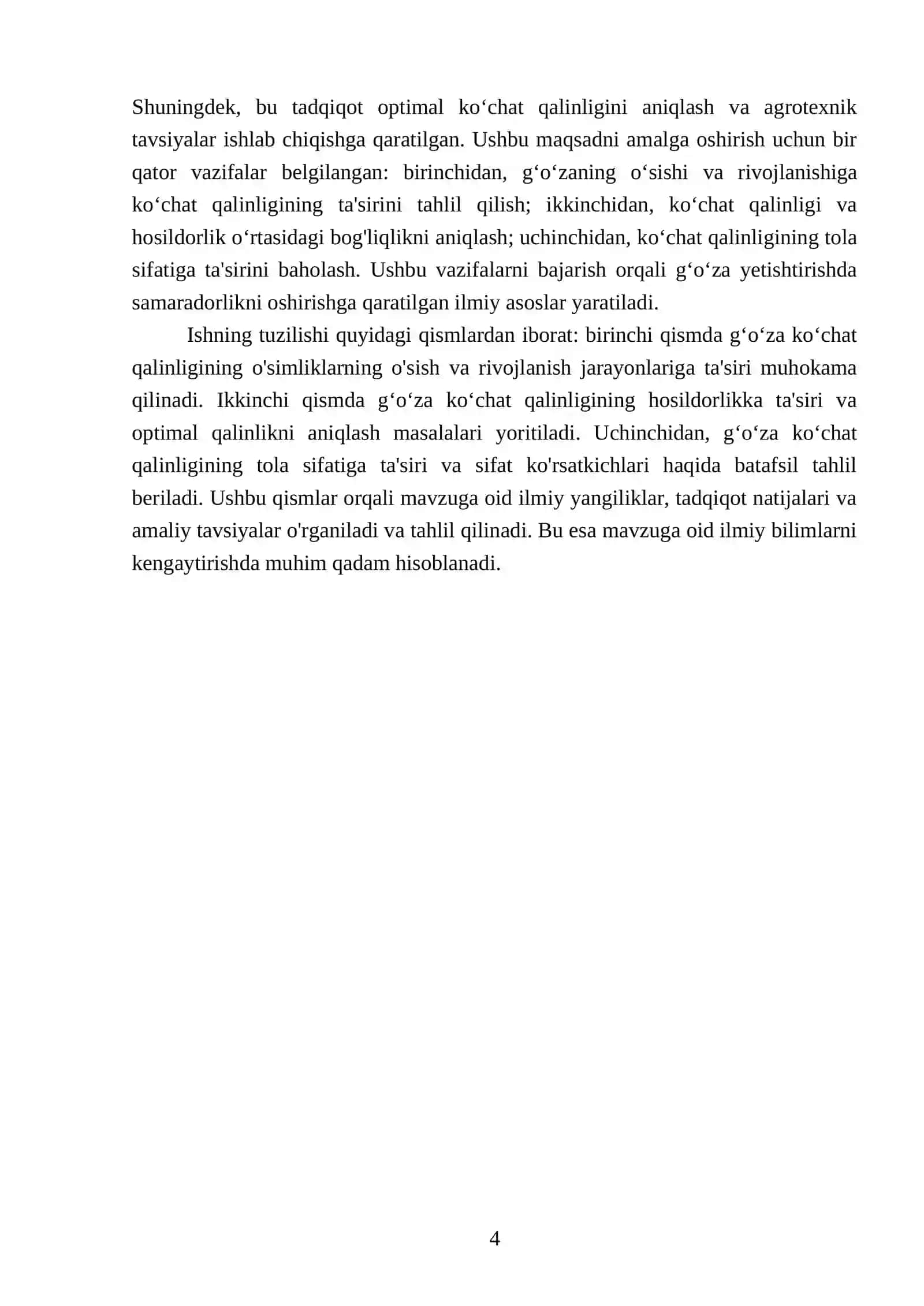 Gʻoʻzani koʻchat qalinligining gʻoʻzani oʻsish rivojlanish va xosildorligi hamda tola sifatiga tasiri 4