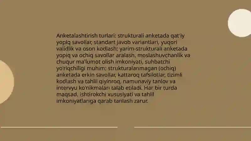 Anketalashtirish:turlari,metodi va unga qõyiladigan asosiy talablar 4