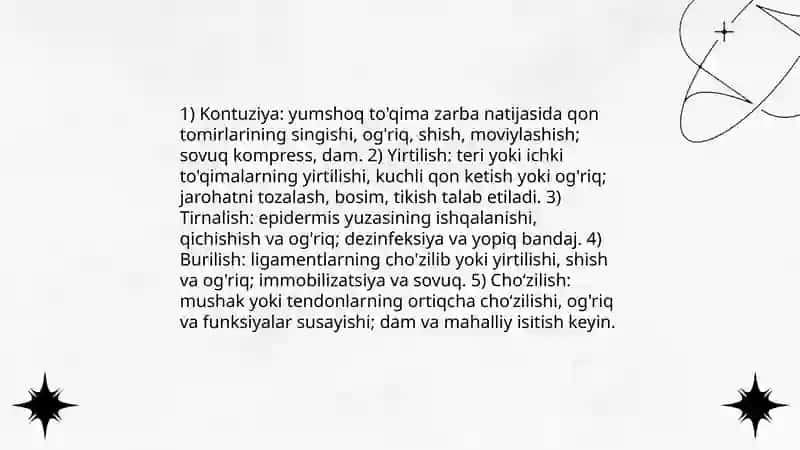 Shikastlanishlar. Yumshoq to'qima shikastlanishi va birinchi tibbiy yordam 4