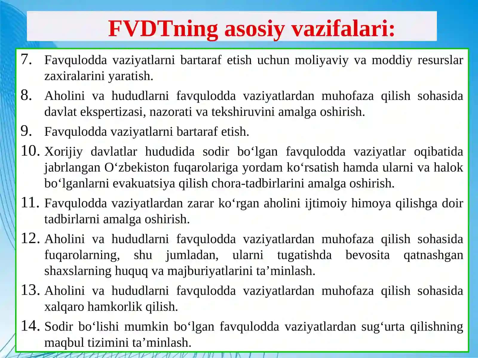 O‘zbekiston Respublikasi Favquloddavaziyatlarning Oldini Olish Vaziyatlarda Harakat Qilish Davlat Tizimi 4