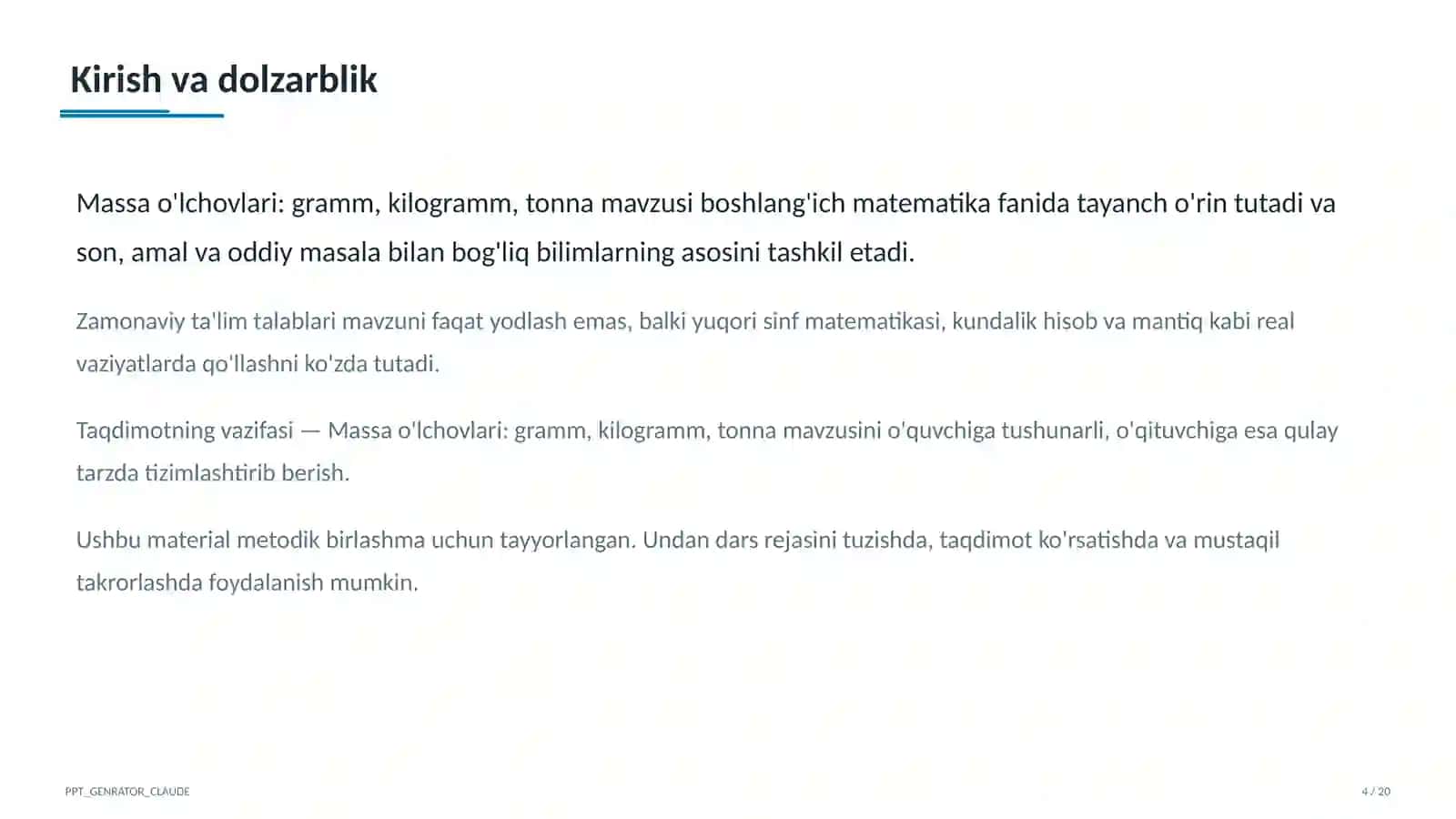 Massa o'lchovlari: gramm, kilogramm, tonna (4-sinf) 4