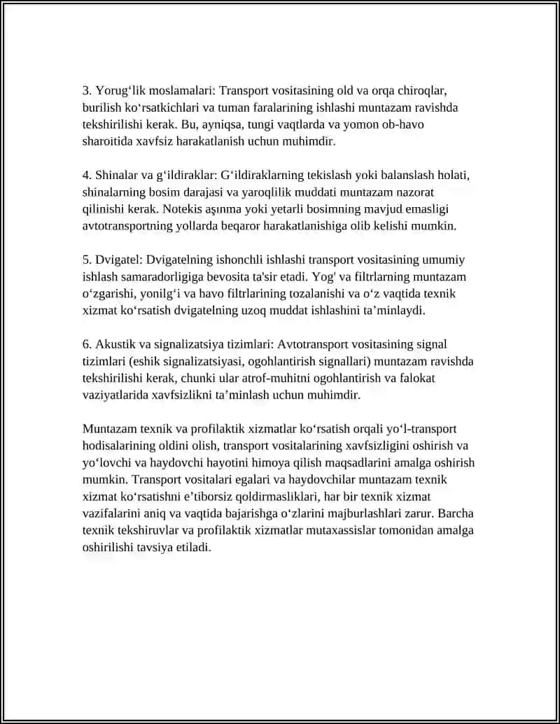 HAVFSIZ HARAKATLANISHNI TAMINLASHDA TRANSPOTR VOSITALARINI TEXNIK XOLATINI AHAMIYATI 4