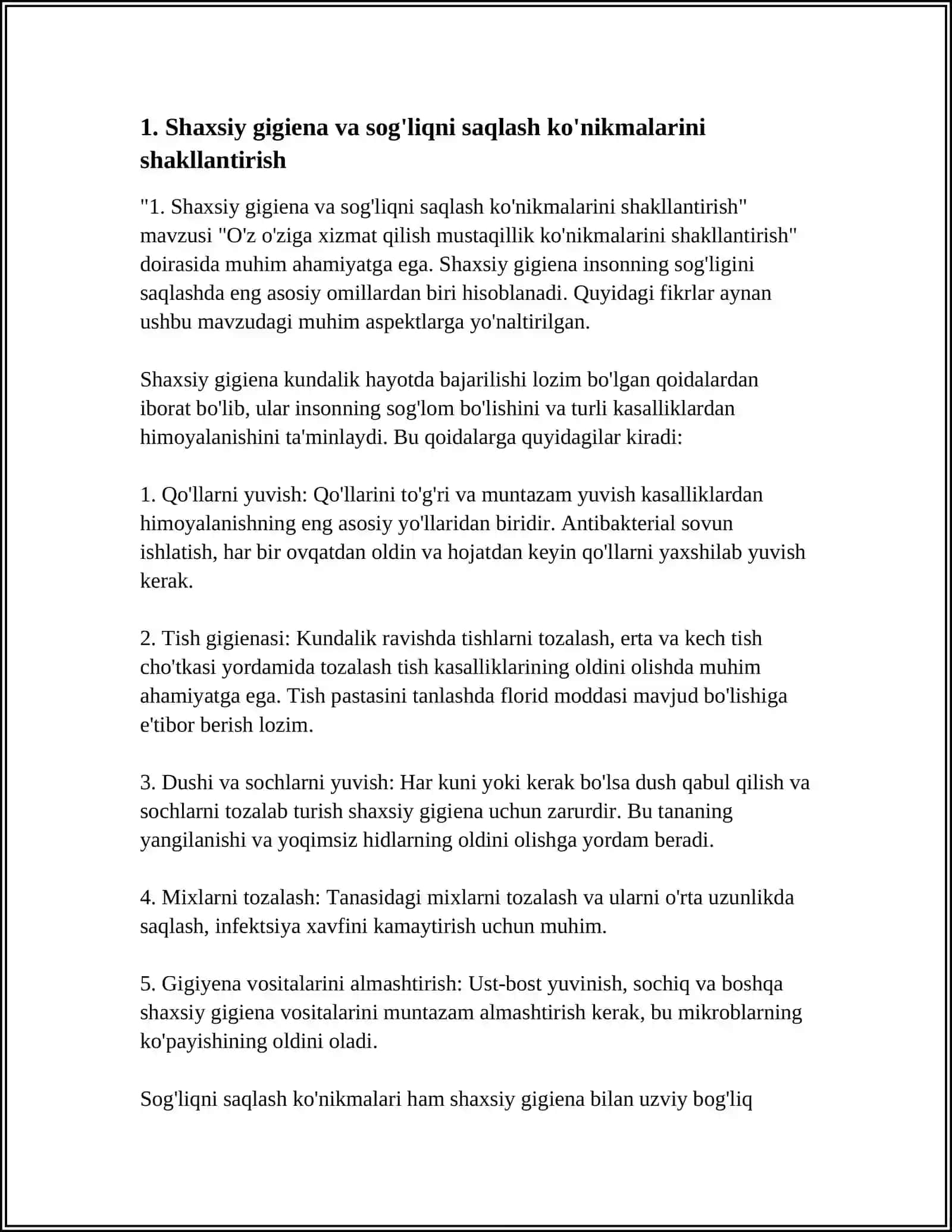 O'Z O'ZIGA XIZMAT QILISH MUSTAQILLIK KOʻNIKMALARINI SHAKLLANTIRISH 4