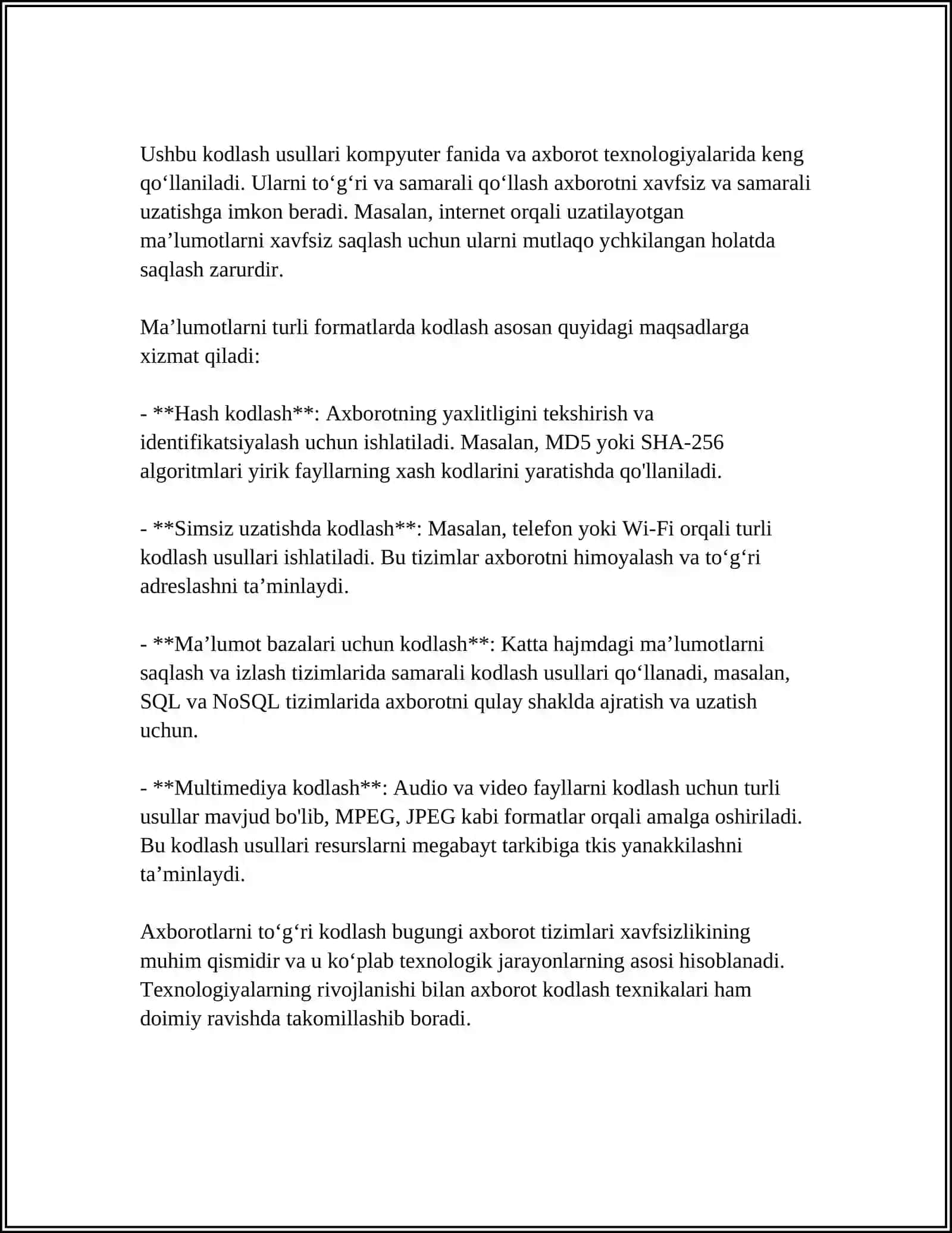 MATNLI AXBOROTLARNI KODLASH USULLARI. GRAFIK AXBOROTLAR VA ULARNI KODLASH 4