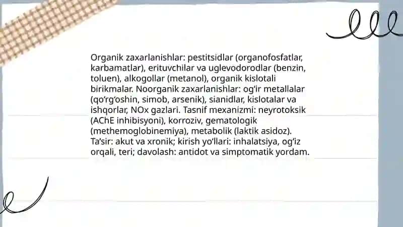 Zaxarli moddalarning tasnifi. Kimyoviy vaziyatni baholash 4
