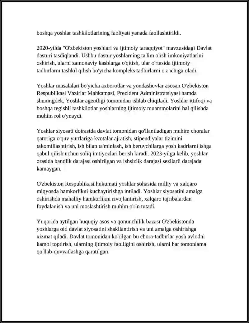 O'ZBEKISTONDA YOSHLARGA OID DAVLAT SIYOSATI VA UNING MAZMUN MOHIYATI 4