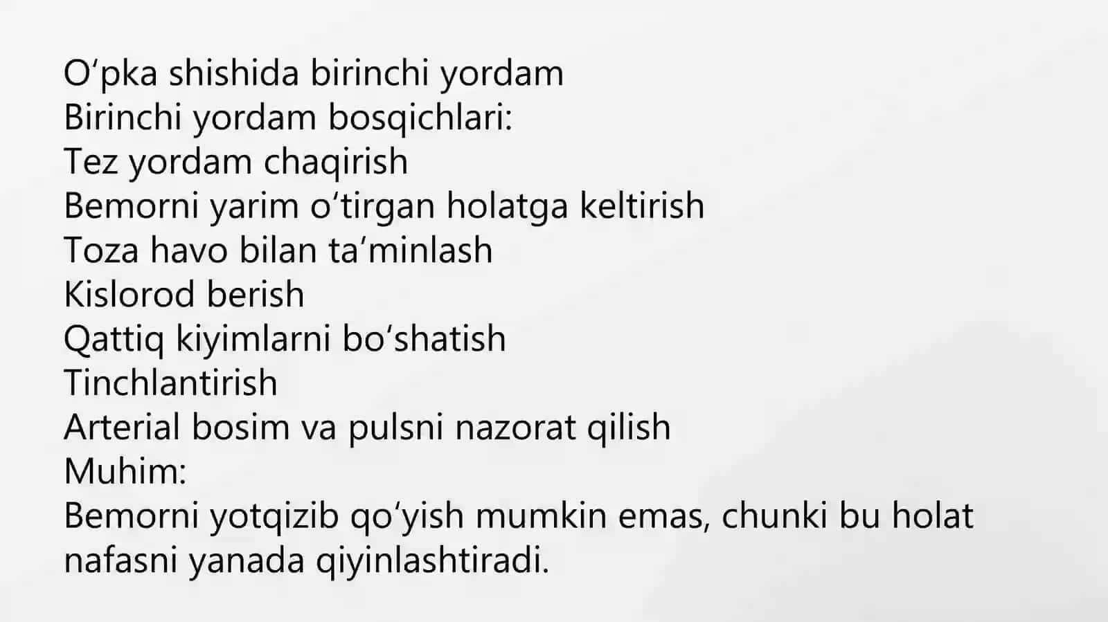 O‘pka shishida birinchi yordam.Burun,halqum va hiqildoqning anatomo-fiziologik xususiyatlari 4