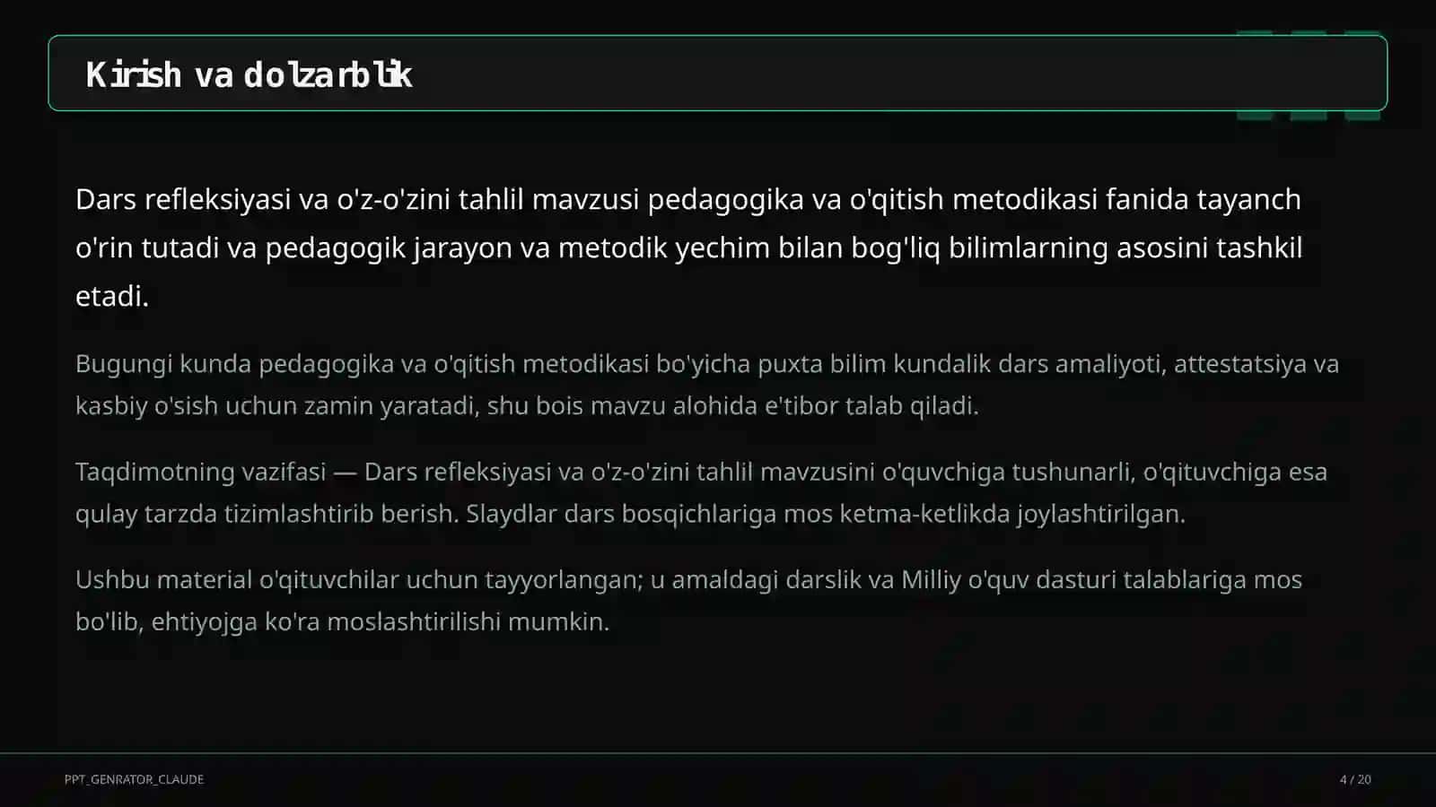 Dars refleksiyasi va o'z-o'zini tahlil 4