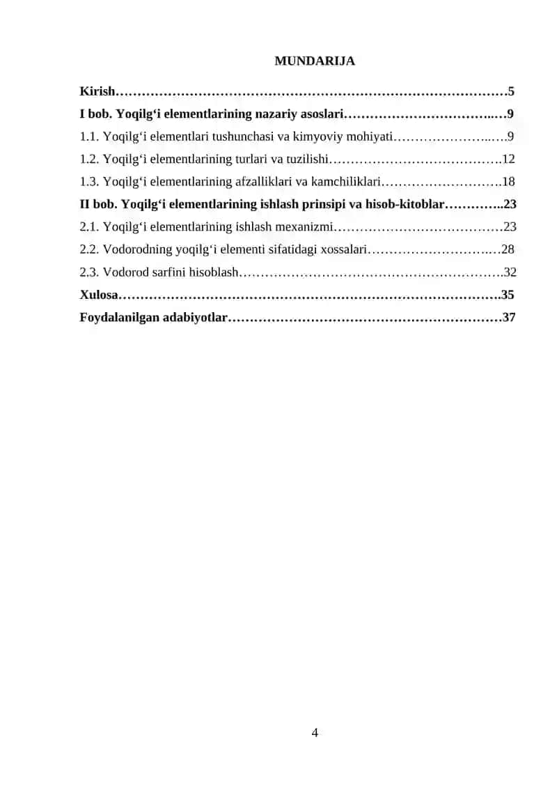 Yonilg’i elementlarining tuzilishi ishlash prinsiplari va vadarodning hisobi. 4