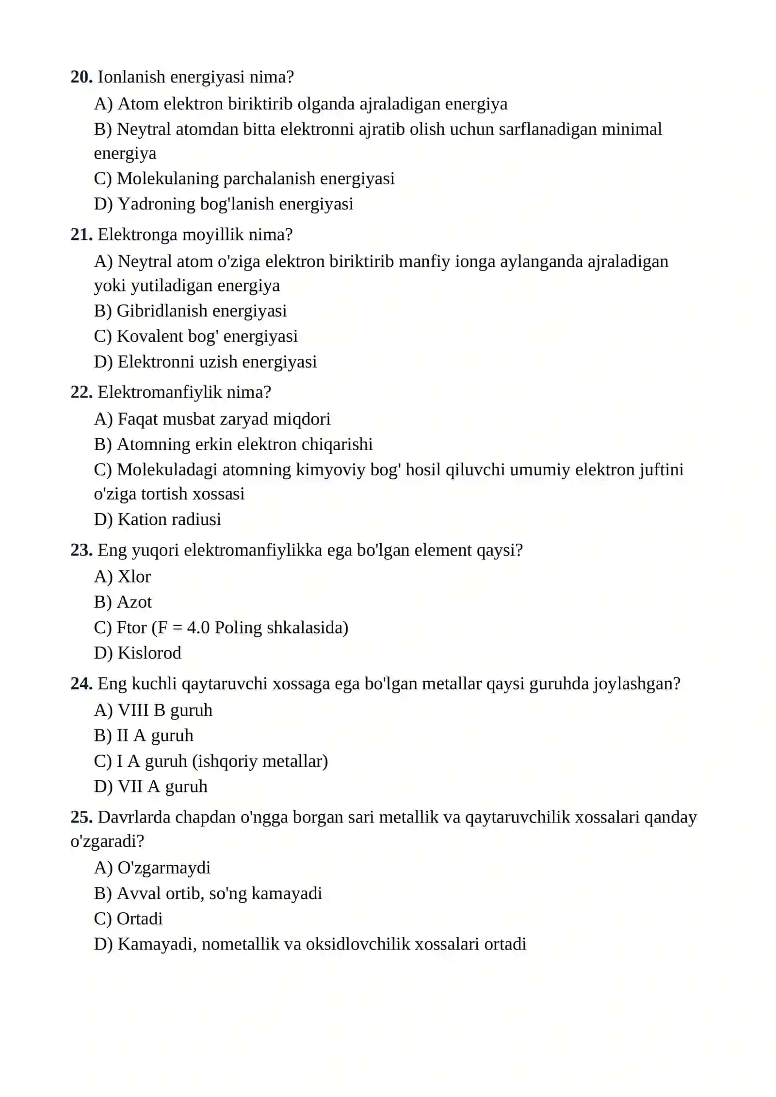 11-SINF KIMYO FANIDAN TESTLAR TO'PLAMI 4